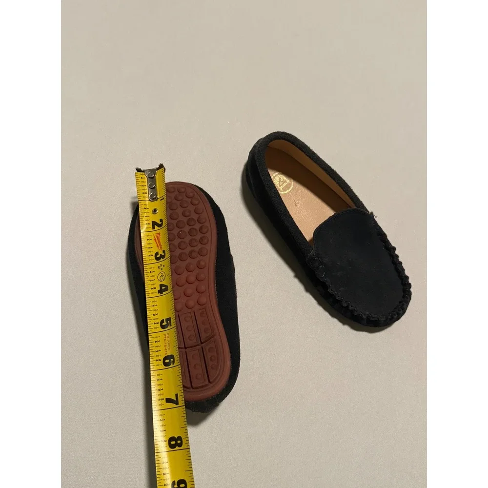 Kids Dark Blue Suede Loafers Slip On Moccasin Dress Shoes Pebble, size appx 9